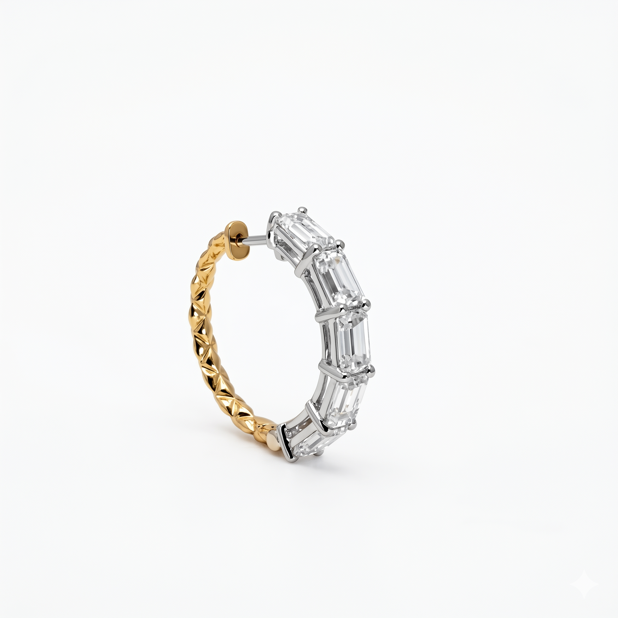 Two-tone Gold Baguette Diamond Hoop Earring, Quilted Texture