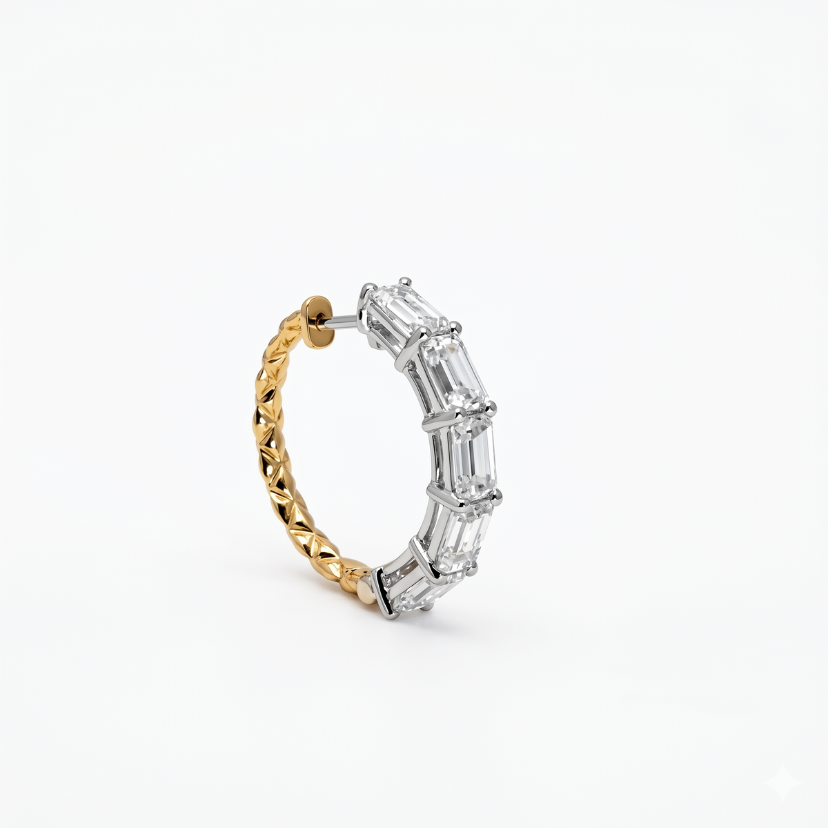 Two-tone Gold Baguette Diamond Hoop Earring, Quilted Texture