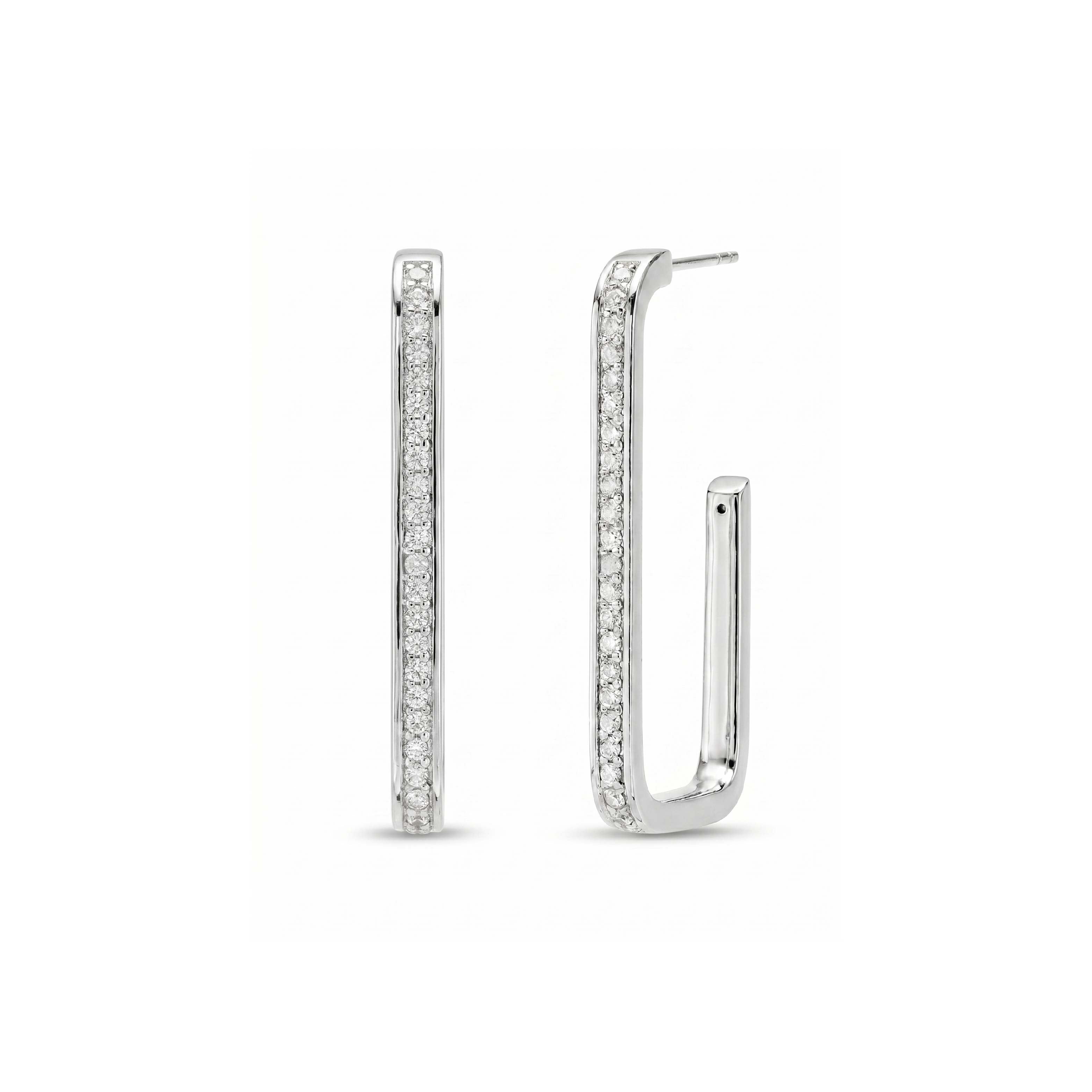 Platinum Pave Diamond Open Rectangular Hoop Earrings