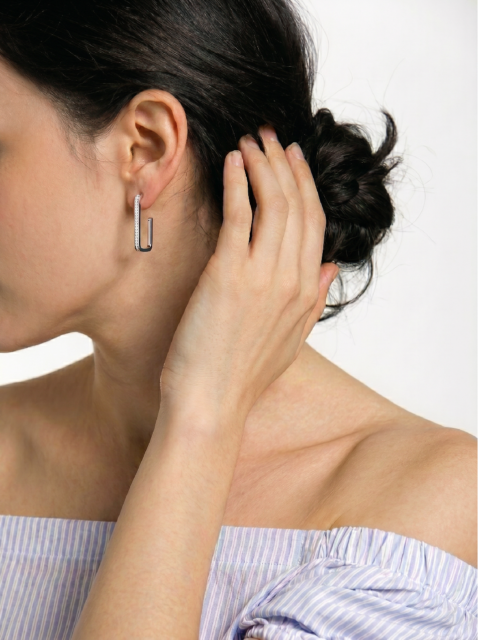 Platinum Pave Diamond Open Rectangular Hoop Earrings